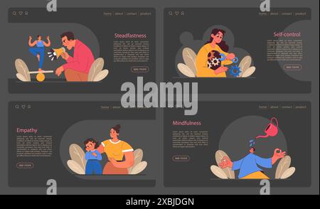 Geduld Web-Banner oder Landing-Page-Set im Nacht- oder Dunkelmodus. Person, die einen Saldo sucht. Geistige oder emotionale Stärke, psychologische Selbstkontrolle. Entschlossenheit zum Ziel. Illustration des flachen Vektors Stock Vektor