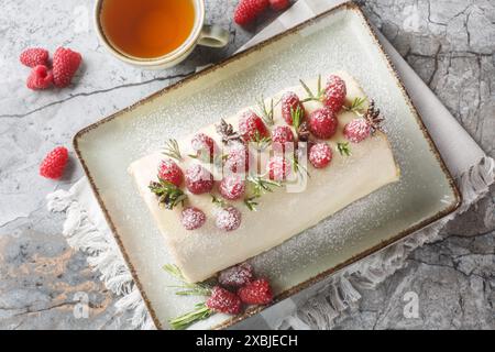 Himbeer-Schwammrolle mit Marmelade, frische Beeren, Frischkäse bedeckt mit weißer Schokolade, Nahaufnahme auf einem Teller auf dem Tisch. Horizontale Draufsicht von ab Stockfoto