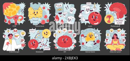 Endokrine Systemorgane und Krankheit Nacht- oder Dunkelmodus eingestellt. Hypophysen-, Nebenniere- und Schilddrüsenfunktion. Menschliche Hormonsekretion und Gleichgewicht. Stoffwechselregulation. Illustration des flachen Vektors Stock Vektor