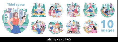 Ideenset an dritter Stelle. Soziale Umgebung, getrennt von Zuhause und Arbeitsplatz. Community Life Building, People Interaction und Kommunikationszone. Illustration des flachen Vektors Stock Vektor