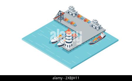 Schiffsterminal mit Frachtschiffen und Frachtkran Speditionsdienste Vektorillustration isometrisches Design. Stock Vektor