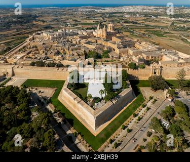 Panorama der Stadt Mdina Festung aus der Vogelperspektive auf Malta. Aus der Vogelperspektive von Mdina City. Alte Hauptstadt Des Landes Malta. Blauer Himmel und grünes gelbes fi Stockfoto