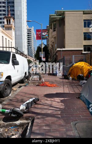Obdachlosenlager im Zentrum von San Francisco Kalifornien USA Stockfoto