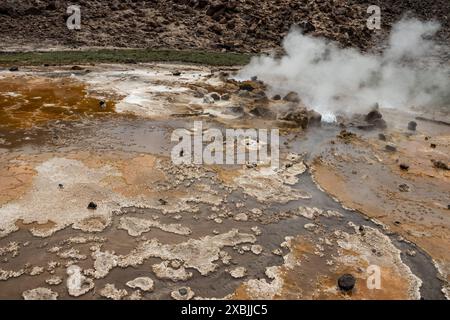 Alolabad Geothermalgebiet in Äthiopien mit surrealer Landschaft mit bunten heißen Quellen, dampfenden Fumarolen und ausbrechenden Salzgeysiren in einem trockenen Afar Stockfoto