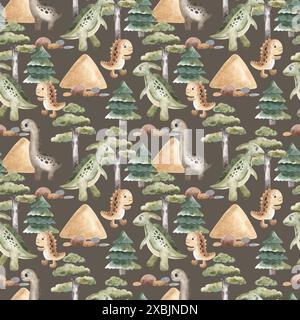 Nahtloses Muster der Dino-Bäume. Aquarellgrüne Pflanzen mit Dinosauriern. Perfekt für Babyduschen, Stoff, Kinderzimmer Dekorationen, Einladungen, Party, Design Stockfoto