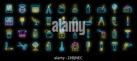 Schönheitssalon-Symbole setzen Konturvektor. Make-up-Künstler. Brautpflege Neonfarbe auf Schwarz Stock Vektor