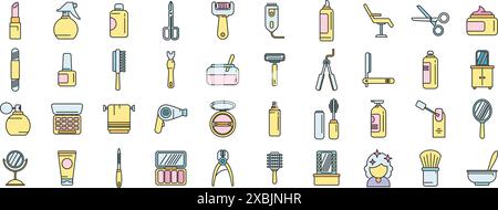 Schönheitssalon-Symbole setzen Konturvektor. Make-up-Künstler. Bridal Care dünne Strichfarbe flach auf weiß Stock Vektor