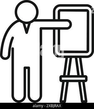 Einfaches Strichsymbol eines Geschäftsmannes, der während einer Arbeitspräsentation auf ein leeres Flipchart zeigt Stock Vektor