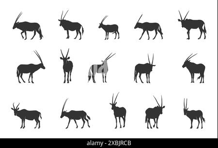 Oryx Silhouetten, gehörnte Tier Silhouetten, Oryx Vektor Set Stock Vektor