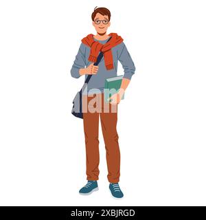 Junge Studentin mit Brille steht und hält ein Buch. Einen grauen Pullover, braune Hosen und eine Botentasche über der Schulter, bereit für Stock Vektor
