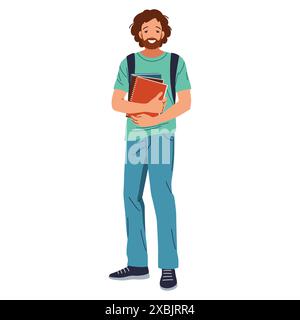 Ganzkörperporträt eines fröhlichen bärtigen Mannes in legeren Kleidern mit stehendem Rucksack und ein paar Büchern in Händen. Isoliert auf weißem Hintergrund Stock Vektor