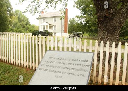 Appomattox Court House Historical Park, VA, USA. Informationstafel vor dem Peers House. Stockfoto