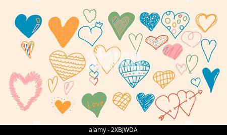 Eine Sammlung von bunten, handgezeichneten Herzkritzelillustrationen mit verschiedenen Mustern und Texturen auf beigefarbenem Hintergrund. Set für den Valentinstag, Wade Stock Vektor