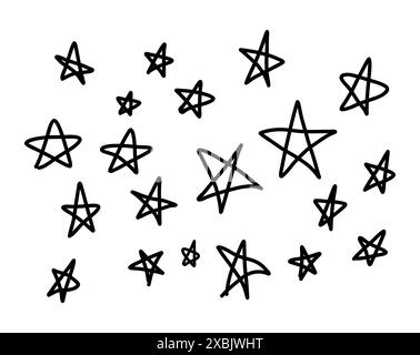 Handgezeichnete Kritzeleien mit schwarzen Sternen unterschiedlicher Größe auf einem isolierten weißen Hintergrund, die ein skurriles Muster erzeugen. Das Konzept, Charme und Ma zu verleihen Stock Vektor