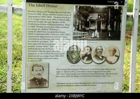 Appomattox Court House Historical Park, VA, USA. Informationstafel am Bocock-Isbell House. Stockfoto