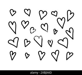 Сollection aus einzigartigen schwarzen handgezeichneten Herzkritzeleien Formen Objekte auf einem isolierten weißen Hintergrund. Verschiedene Größen und Styles, von einfachen Umrissen bis hin zu Mo Stock Vektor