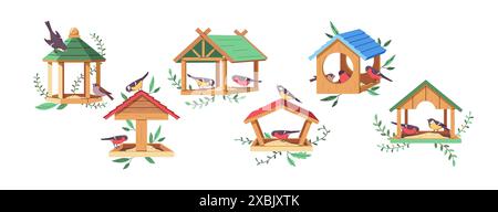 Vögel nisten in Vogelhäusern 2D-Zeichentrickobjekte Set. Kleine Holzhäuser für Vogeltiere flache Linie Vektorelemente weißer Hintergrund Stock Vektor
