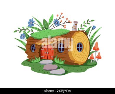 Magische Zeichentrickzwerge oder Feenhaus aus einem alten Baumstamm. Das Haus liegt auf einem grünen Rasen mit Blumen und Blättern. Das Haus hat ein hölzernes d Stock Vektor