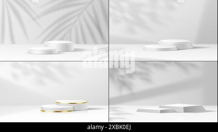 Produktpodeste und Blätter Schatten realistische Vektor-Illustration Set. Heller Raum. Leere Podeste im Ausstellungsraum 3D-Objekte auf weißem Hintergrund Stock Vektor