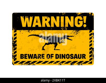 Dinosaurier-Warnschild. Vektor grungy gelb und schwarz Banner mit bedrohlich brüllenden Spinosaurus Dino Silhouette und dem Text Warnung, Achtung vor Dinosaurier. Warnmeldung in Notlage, Warntafel Stock Vektor