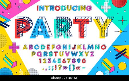 Memphis künstlerische Schriftart, Hipster-Headline-Typ. Vektor geometrisch, moderne abstrakte Schrift, bunte lustige Schrift, englisches Alphabet. ABC-Buchstaben, Zeichen und Zahlen im farbenfrohen memphis-Stil Stock Vektor