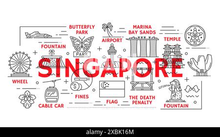 Singapur Line Reisen und Sehenswürdigkeiten. Vektorlineare, berühmte Symbole oder Schilder. Schmetterlingspark, Flughafen, Sand in der Bucht des Yachthafens, Tempel und Rad. Geldstrafen, Flagge, Todesstrafe, Brunnen und Seilbahn Stock Vektor