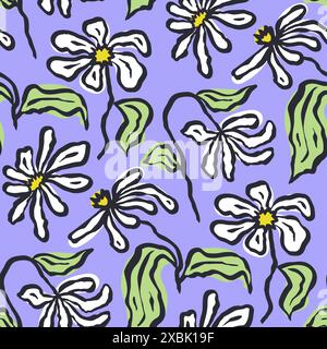 Schwarze Pinselstriche Inky White Gänseblümchen Blumen nahtloses Muster auf blauem Hintergrund Stock Vektor