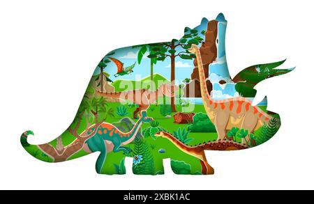 Papier geschnittene prähistorische Dinosaurier Silhouette 3D Vektorrahmen mit Dino Spezies. Tyrranosaurus, Tapejara, Aegyptosaurus, Lambeosaurus und Brachiosaurus in üppiger Umgebung mit Wasserfall und Palmen Stock Vektor