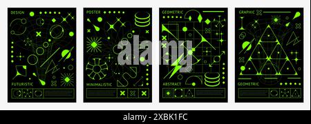 Saure brutale y2k-Poster mit ästhetischem Vektormuster abstrakter geometrischer Formen und minimalen Kunstlinienelementen. Futuristischer neongrüner Stern, Sonne, Planet Globus und Funken, brutale Gitterformen und -Formen Stock Vektor