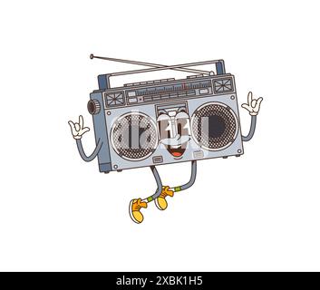 Retro-Cartoon-groovige Tonbandrecorder-Figur. Eine isolierte Vektor-Boombox in gelben Schuhen und Handschuhen, lächelt und hebt beide Arme in Friedenszeichen und hüpft zum Takt der altmodischen Melodien Stock Vektor