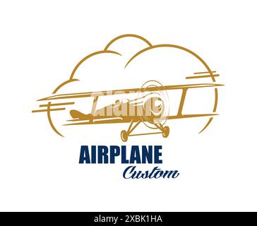 Symbol für Airline und Aircraft Aviation. Individuelles Emblem mit klassischem Retro-Doppeldecker im Flug in einer großen Wolkenform, dynamischem Gold- und Blaufarbschema und auffälliger Typografie Stock Vektor