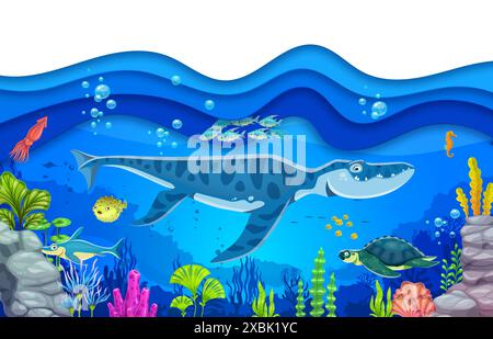 Unterwasser-prähistorische Dinosaurier. Vektorpapier-Szene mit verschiedenen Meeresbewohnern. Liopleurodon, Ophtalmosaurus, Schildkröte, Fischschwärme, Seepferdchen am farbenfrohen Korallenriff mit Meereswelle Stock Vektor