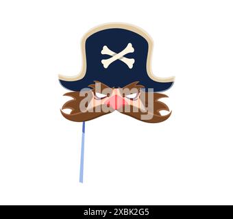 Piraten-Karneval-Fotokabine-Maske. Isoliertes Cartoon-Vektor-Korsair-Gesicht mit heftigem Ausdruck. Requisite am Stock, mit einem angeschraubten Kapitän mit großem Schnurrbart, roter Nase und Hahnenhut mit gekreuzten Knochen Stock Vektor