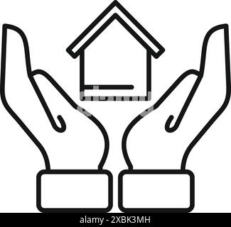 Strichkunstsymbol mit zwei Händen, die ein Haus halten und Sicherheit und Schutz darstellen Stock Vektor