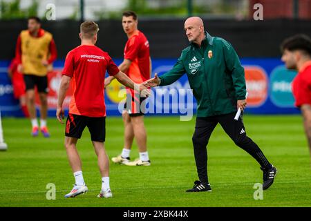 Weiler Simmerberg, Deutschland. Juni 2024. Fußball, Vorbereitung auf die UEFA Euro 2024, Training Ungarn, Marco Rossi (r) High Fives mit András Schäfer während des Trainings für die ungarische Nationalmannschaft. Quelle: Tom Weller/dpa/Alamy Live News Stockfoto