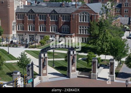 West Lafayette - 11. Juni 2024: Purdue University Memorial Union and Welcome Center. Purdue ist eine Universität, deren Leichtathletik-Teams die Boilermakers sind Stockfoto