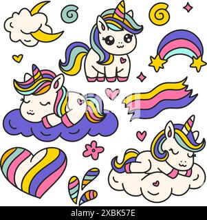 Set von niedlichen Cartoon Einhörnern isoliert auf Einem weißen Einhorn Tier und Regenbogen. Kindergeburtstag Und Babydusche Vektor Stock Vektor