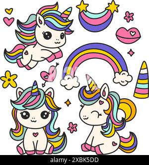 Set von niedlichen Cartoon Einhörnern isoliert auf Einem weißen Einhorn Tier und Regenbogen. Kindergeburtstag Und Babydusche Vektor Stock Vektor