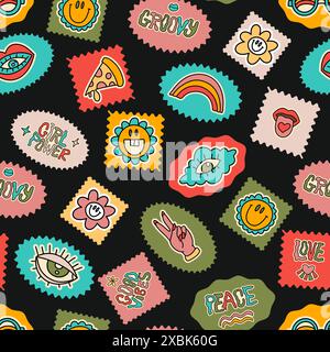 Nahtloses Muster mit groovigen Briefmarken im Retro-Stil mit Regenbogenaugen und Blumen im Gesicht und coolen Phrasen Stock Vektor