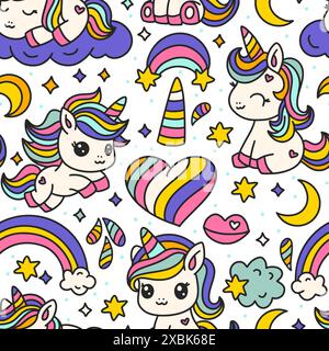 Niedliches Cartoon Unicorns Nahtloses Muster. Einhorntier Und Regenbogen. Kindergeburtstag Und Babydusche Liebe Vektor Stock Vektor