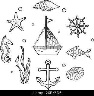 Marineset. Niedliches Schiff, Boot, Anker und Lenkrad. Handgezeichnete Muscheln, Stern, Pferd und Fisch. Vektorillustrationen von Algen, Laminarialgen Stock Vektor