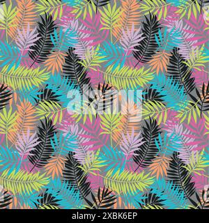 Abstrakte Kunst vibrierende Farben tropische Linie Kunst hinterlässt Hintergrund Vektor. Tapetendesign mit Blattformen kritzelnd lineares Blatt. Moderne Botanik Stock Vektor