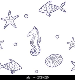 Under the Sea Hand gezeichnetes nahtloses Muster mit Seestern, Muscheln und Fischen, Seahorse. Vektorillustration, blaue Strichgrafik isoliert auf weiß Stock Vektor