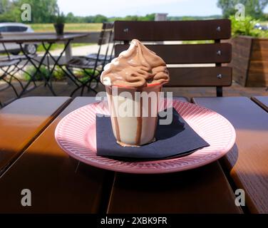 Eine Tasse Schokoladeneis auf einem rosafarbenen Teller draußen an einem sonnigen Tag Stockfoto