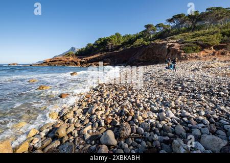 Strand von Son Bunyola, Wandern in Volta des General, Naturpark der Sierra de la Tramuntana, Banyalbufar, Mallorca, Spanien Stockfoto