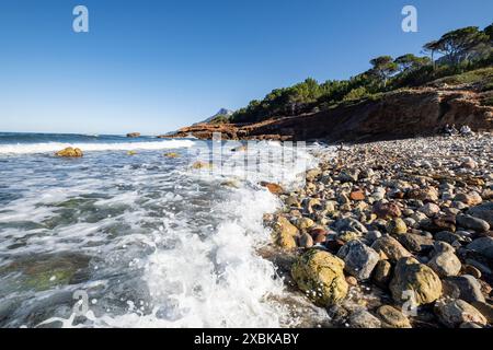 Strand von Son Bunyola, Wandern in Volta des General, Naturpark der Sierra de la Tramuntana, Banyalbufar, Mallorca, Spanien Stockfoto