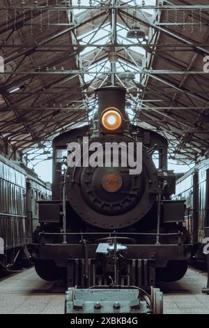 Eine alte Dampflokomotive in einem alten Bahndepot mit detaillierter Sicht auf die Maschine und die umgebende Struktur. Stockfoto