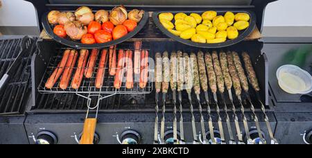 Verschiedene Arten von gegrilltem Fleisch und Kartoffeln, Tomaten und Zwiebeln, bei Tageslicht. Stockfoto