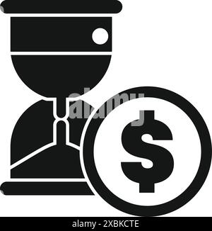 Schwarz-weiße Ikone einer Sanduhr mit einem Ölfass auf der Oberseite und einer Dollarmünze, die das Verhältnis zwischen Zeit und Geld in der Ölindustrie symbolisiert Stock Vektor