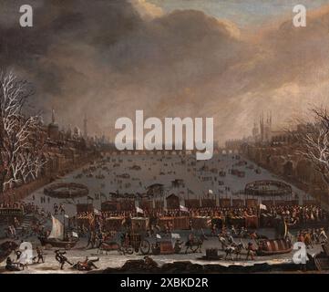 Frostmesse an der Themse, mit Old London Bridge in der Ferne. Unbekannter Künstler. 1684. Stockfoto